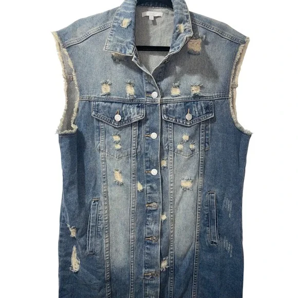 VEVERET Long Distressed Denim Vest Duster Chic Jean Jacket Blue Sz L - Picture 3 of 9